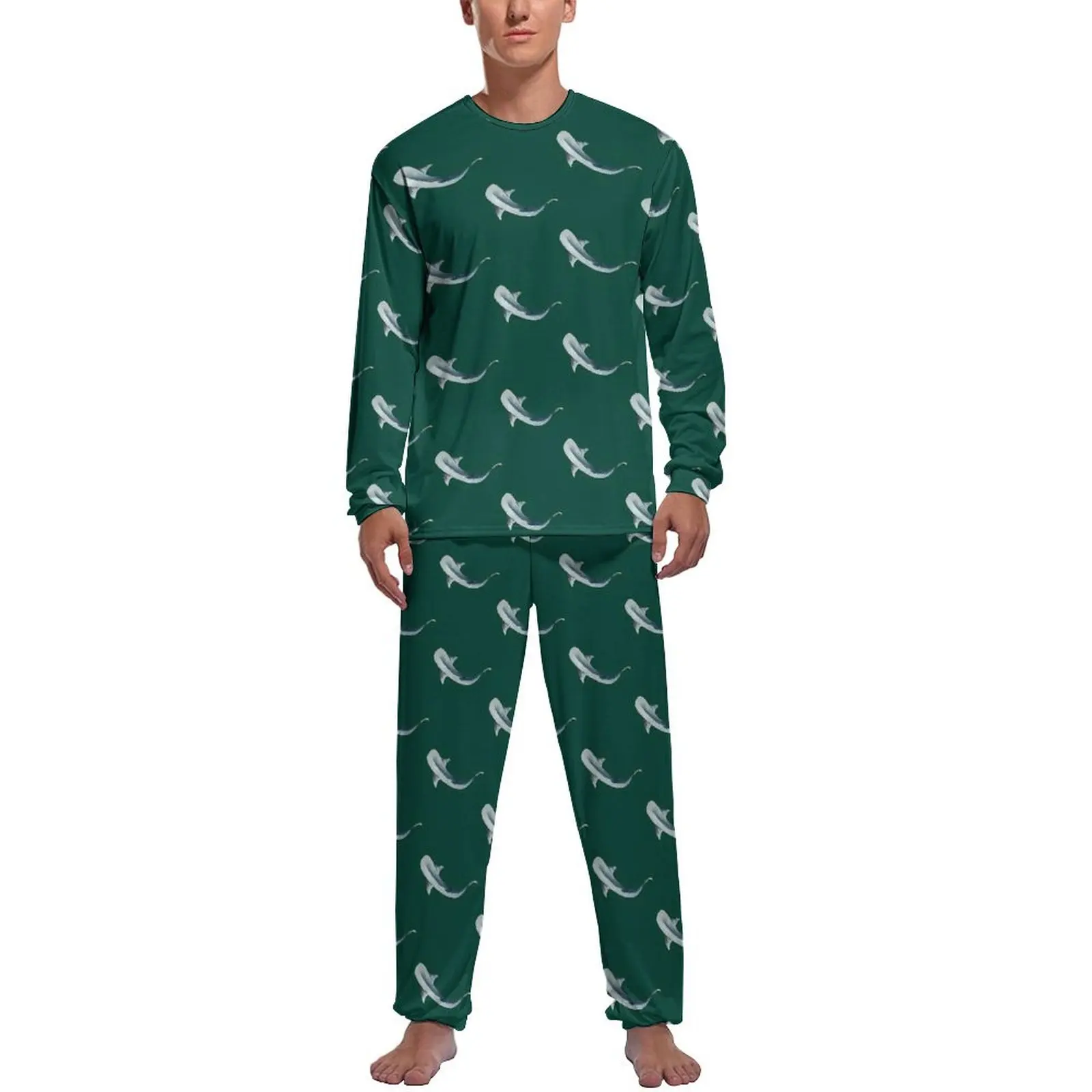 thumbnail image 1 of Pijama de tiburón con acuarela y estampado de arte pop para hombre, conjunto de pijama de manga larga, 2 piezas, estampado de primavera, regalo de cumpleaños, 1 of 5