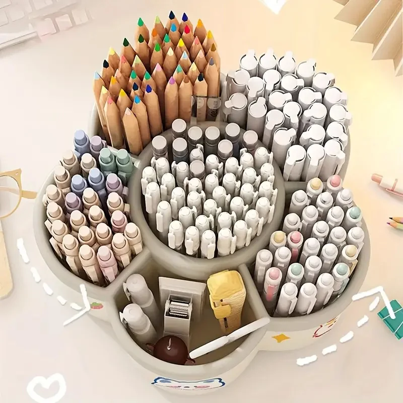 Pen Holder Desktop Storage Box Cartoon Fire Wheel 360 Degree Rotating Large Capacity Office Stationery Organizer
