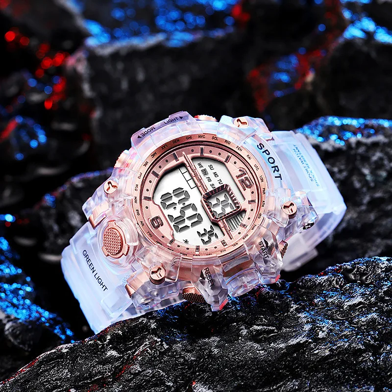 Large dial transparent electronic watch, multifunctional children's sports electronic watch