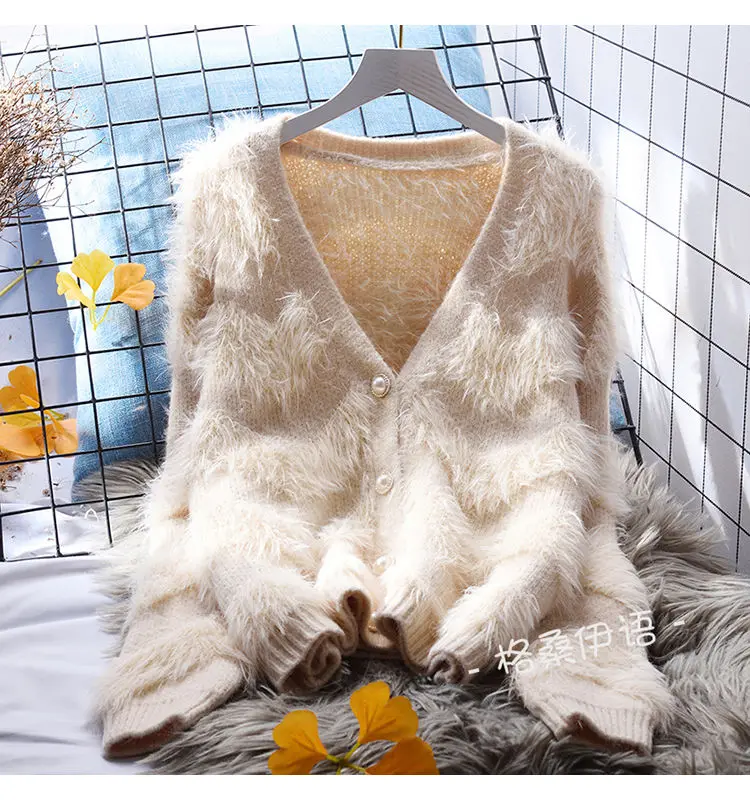 

Women Long Sleeve V Neck Sweater Fur Knitwear Cardigan Loose Ladies Sexy Pullover Jumper Comfortable Soft Plush Knitting Tops