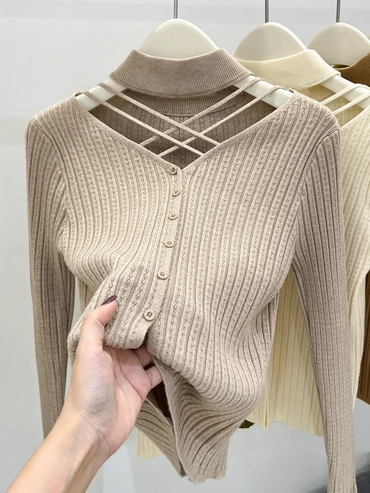 

Sexy Hallow Out Halter Knitted Top For Women 2023 Autumn Solid Base Long Sleeve Bottoming Sweater Shirt