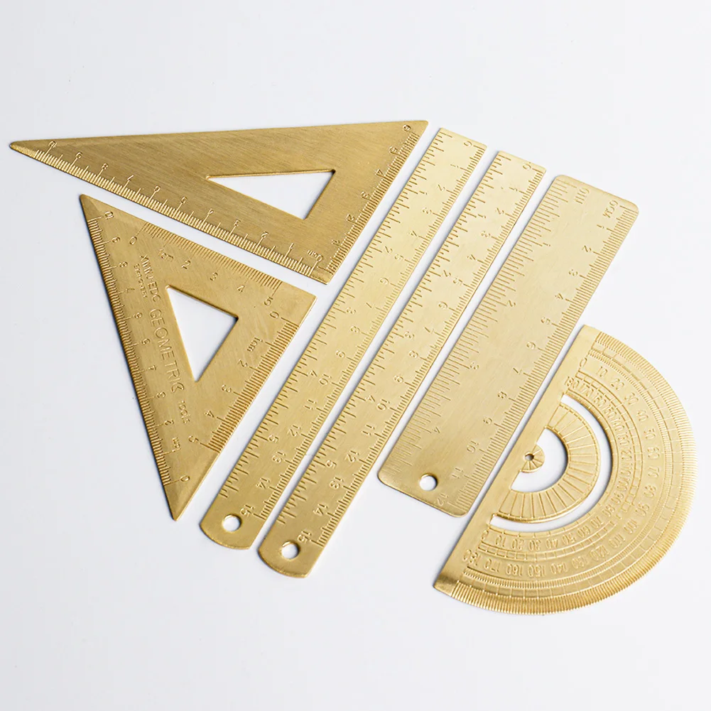 Vintage Brass Straight Ruler For Students Creative Metal Triangle Ruler Protractor Stationery Measuring Tool School Supplies
