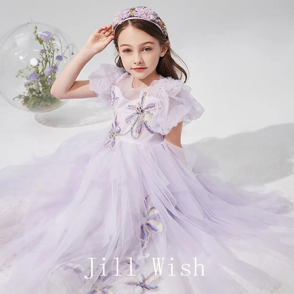

Jill Wish Elegant Lilac Flower Girl Fairy Dresses Dubai Beading Sequined Dancing Gowns for Kids Birthday Party Show Pageant J097
