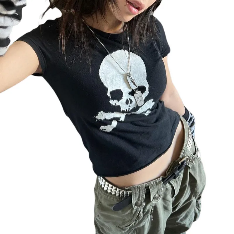 

2023 T shirts Grunge Trashy Aesthetic Women Goth Clothes y2k Crop Tops Summer Short Sleeve Tees Young Girls Streetwear