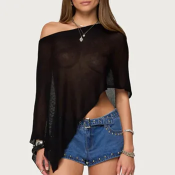 Womens Sheer Poncho Top Lightweight Knit Shrug Shawl Off The Shoulder Mesh Blouse Cover Up Tops Y2k Aesthetic Beachwear 1