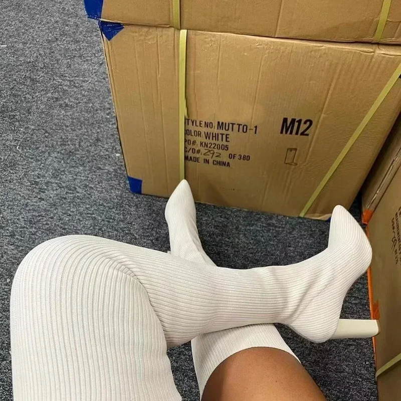 Women High Heel Boots Autumn Winter Pointed Thick Knitted Over-the-knee Elastic Wool