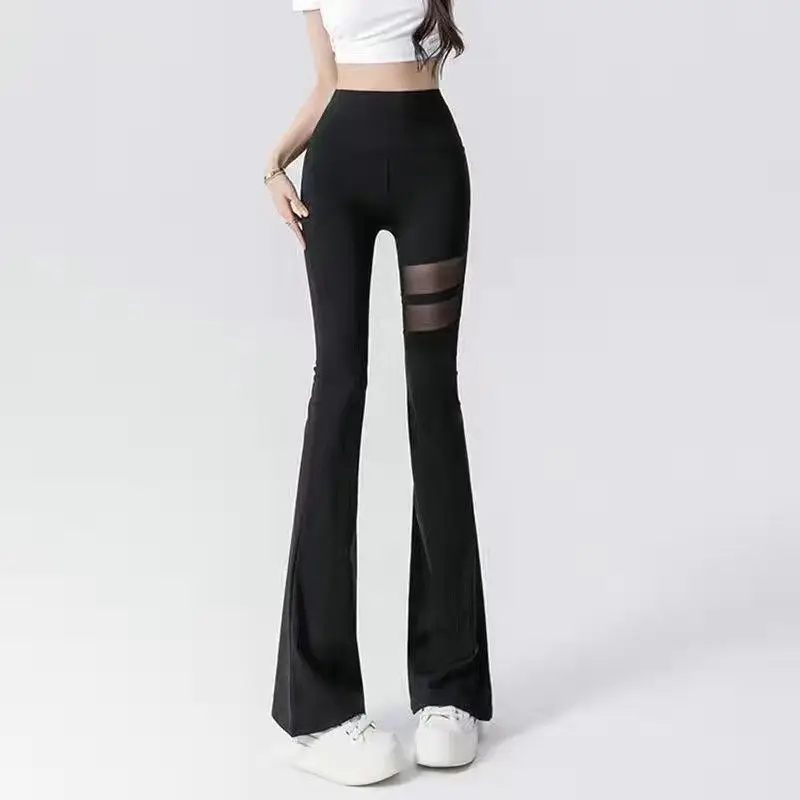 Black Patchwork Gauze Yoga Flared Pans Women High Waited Slim Spring Summer New Fashion Versatile Casual Elastic Thin Trousers