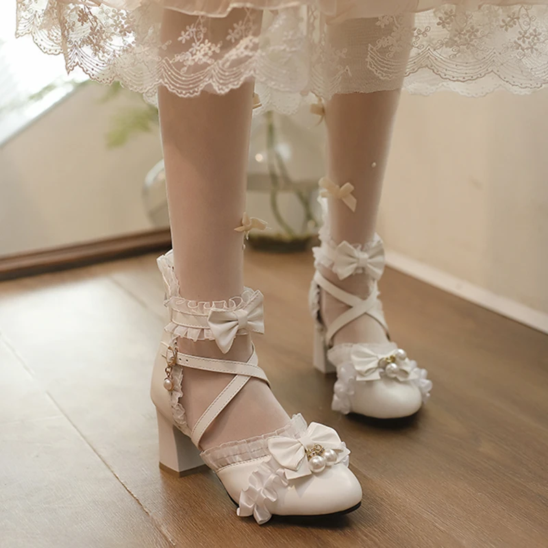 

Sweet Flower Wedding LO Lolita Shoes Bow Student Pearl Baotou Sandals Female Cos Loli