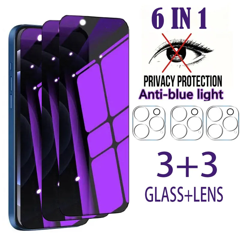 6in1 [3pcs Anti-Spy (Blue Ray) Glass +3pcs Lens] Privacy Screen Protector For iPhone 15 14 13 12 Pro Max Plus Tempered Film