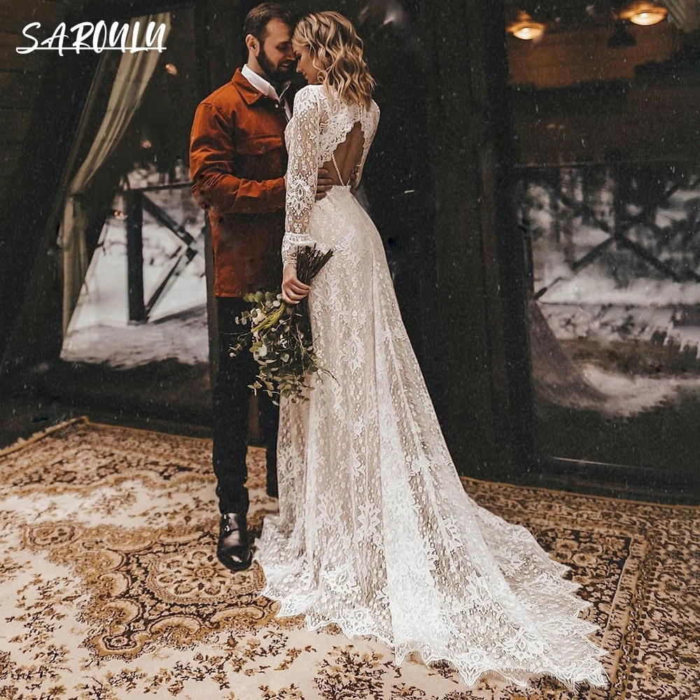 

Bohemian Lace Wedding Gown Long Flare Sleeves Beach Wedding Bride Dresses Sexy Deep V-neck Court Train Backless Custom Made