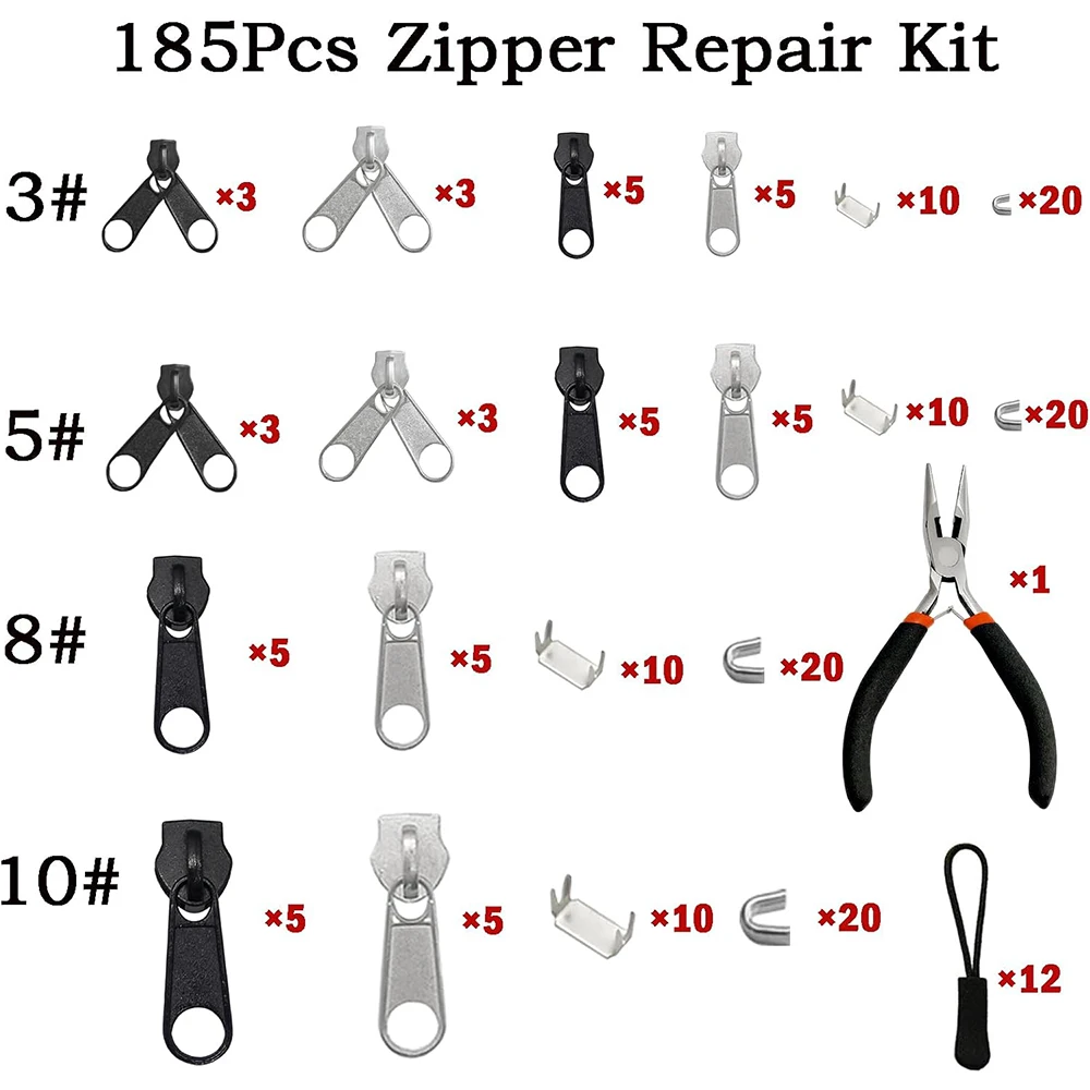 185 PCS Zipper Repair Kit Replacement Zipper Pulls Install Pliers Tool For Bags Clothes Jackets Tents Repair Tool