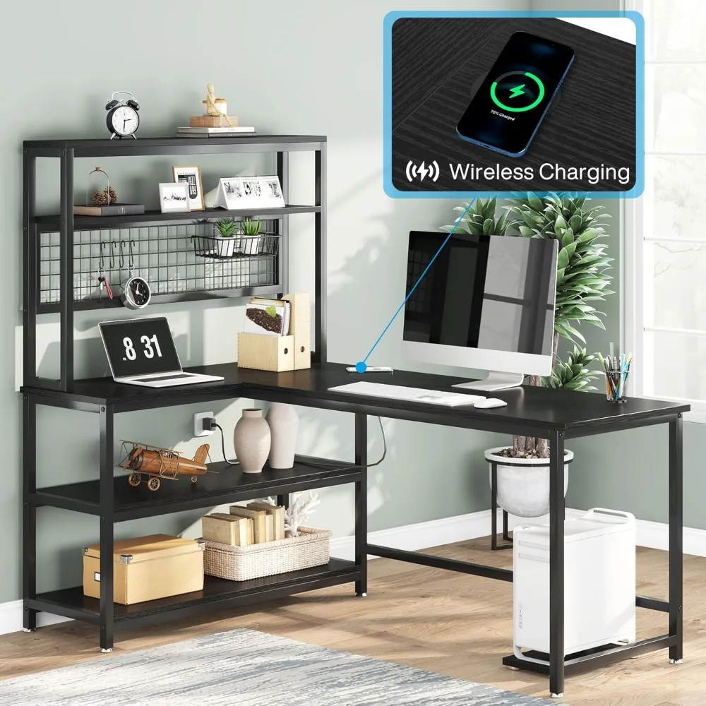 Computer Desk with Wireless Charging 5 Storage Shelves, Office Desk Study Table Writing Desk Workstation with Hutch Bookshelf 4