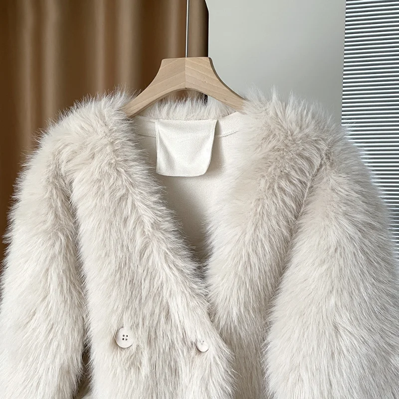 Women Luxury V-neck White Fur Coat Female Winter New Korean Fashion Loose Basic Elegant Warm French Long Sleeve Gray Fur Coat
