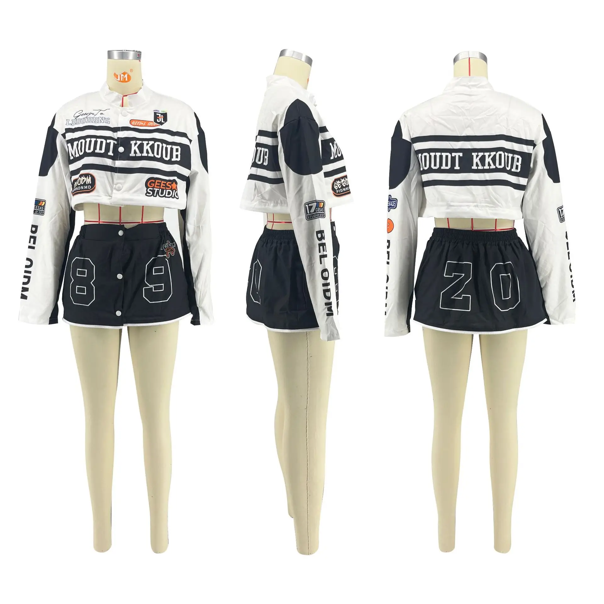 Baseball Varsity Thin Jacket Crop Tops Two 2 Piece Skirt