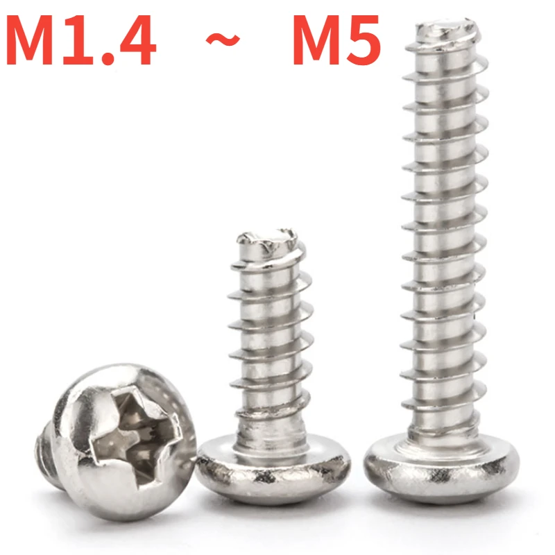 

M1.4-M5 Phillips Pan Head Flat Tail Self Tapping Screws 304 A2 Stainless Steel Cross Round Head Flat End Tapping Screws Bolts
