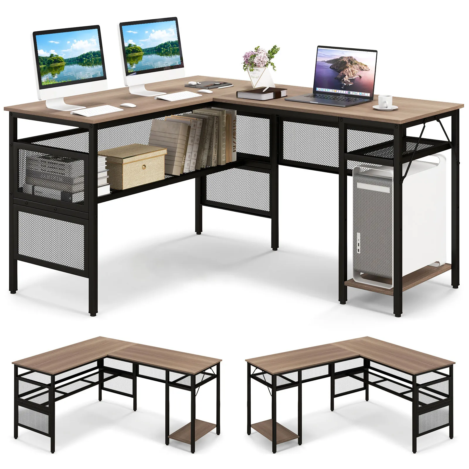 L-shaped desk reversible corner desk with grid shelves & CPU stand corner table computer table office table for L-shaped desk reversible corner desk with grid shelves & CPU stand corner table computer table office table for