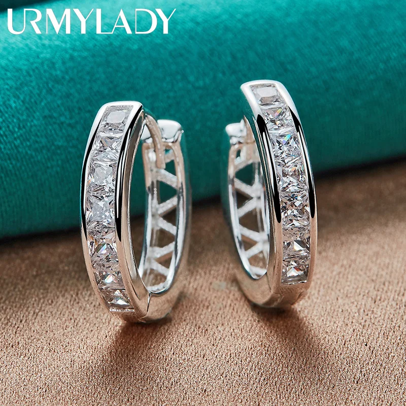 URMYLADY 925 Sterling Silver Round Zircon Earrings For Women Wedding Party Fashion Charm Jewelry