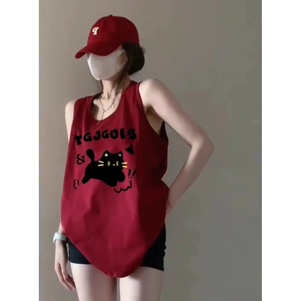 

Korean cat print camisole sports vest sleeveless t-shirt for women 2024 summer design y2k outer wear Hong Kong style halter top