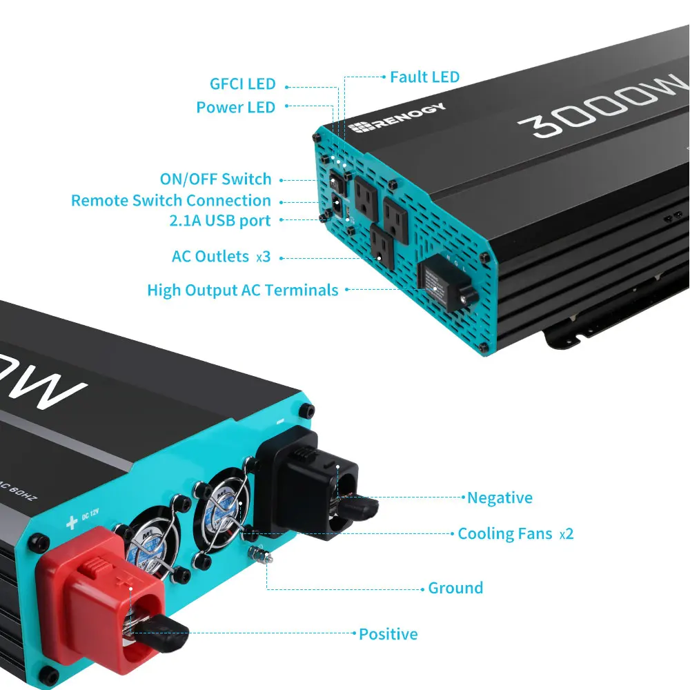 Renogy 순수 사인파 인버터, 오프 그리드 태양광 인버터, 리모컨 USB 포트, 12V DC-240V AC 컨버터, 3000W