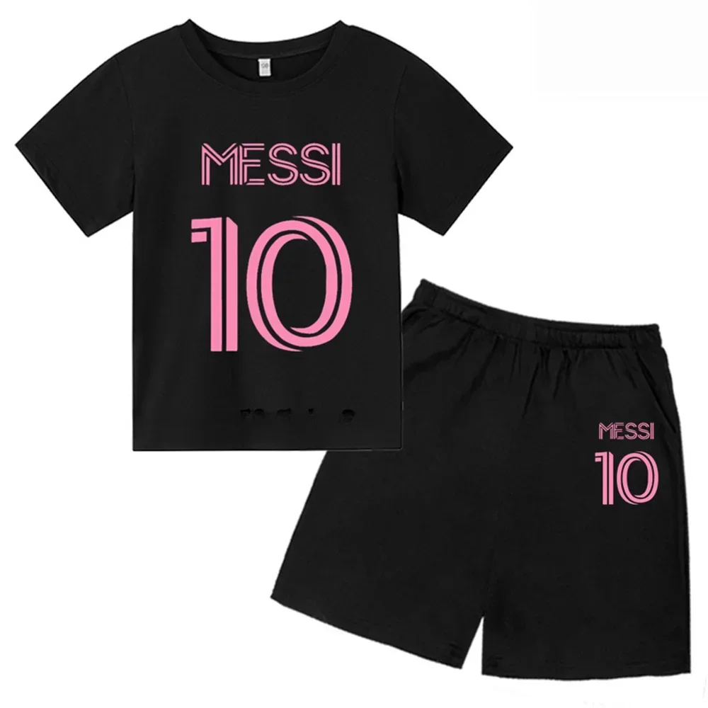 thumbnail image 1 of Nueva camiseta y pantalones cortos con estampado de Messi para niños y adolescentes, conjunto de 2 piezas, ropa de fútbol para niños y niñas, traje deportivo de moda de manga corta de verano, 1 of 5