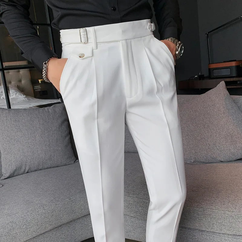 Four Season belt Buttoned Calf Pant Men Pantalon  Casual Luxury Business Pant Trouser Pant For Man straight