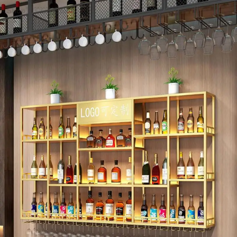 Shop Wall-mounted Red Wine Shelf Simple Bar Counter Wall-mounted Wine Cabinet Display Cabinet Iron Art Luminous Rack