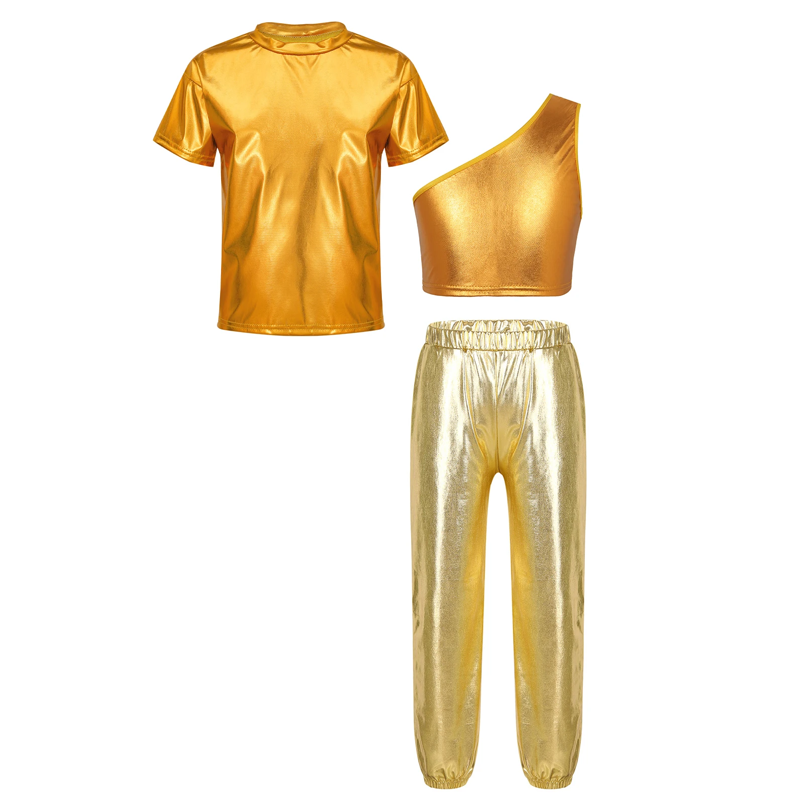 TiaoBug Kids Girls 6 to 16 Years Sequins Crop Vest with Short Sleeve T-shirt and Pants for Jazz Dance Cheerleading Performance