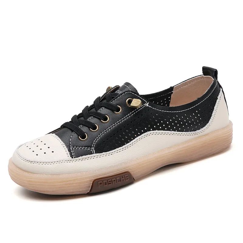 Genuine Leather Women Soft Sole Walking Shoes Girl Student 2026 Sneaker White Black Flats Female Casual Skate Trainers Summer