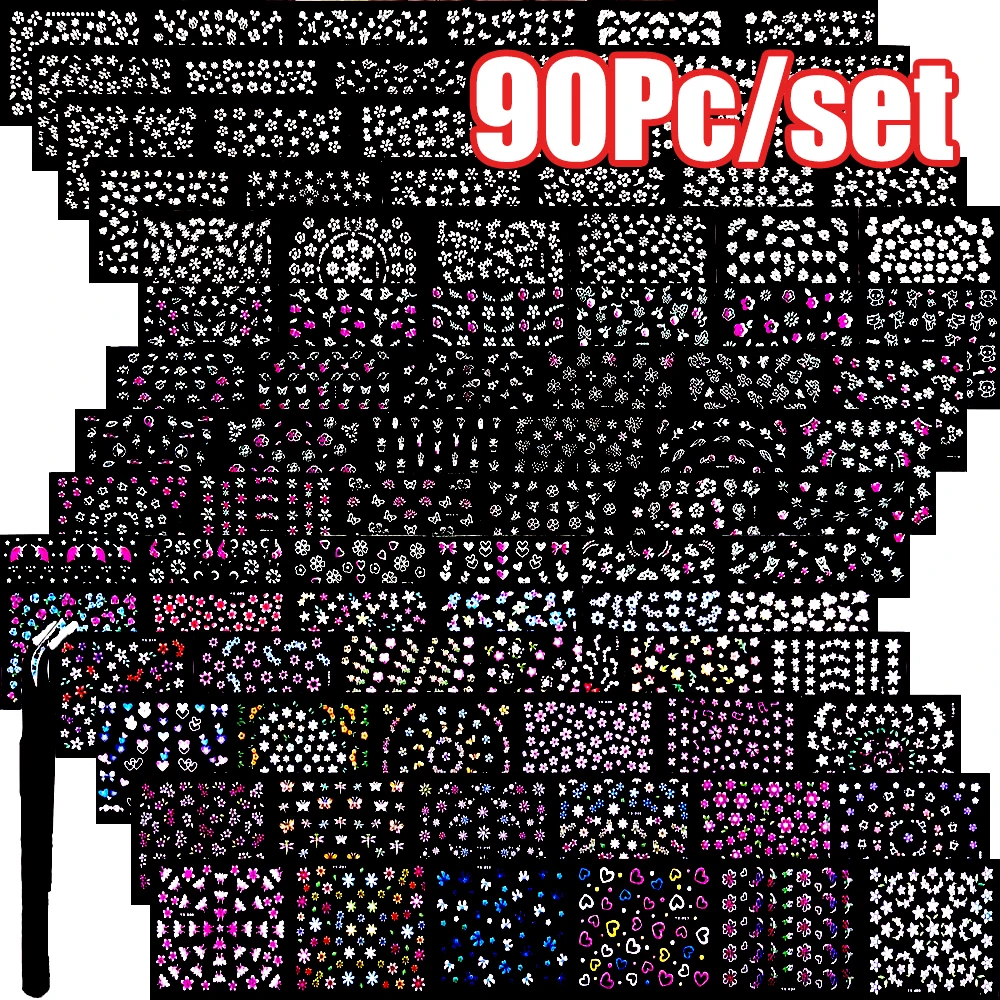 30-90Pcs/set 3D-Mini White/Pink/Diamond Flowers Nail Art Stickers 5.5*6cm Coloful Flowers Nail Decal DIY Adhesived Flower Slider