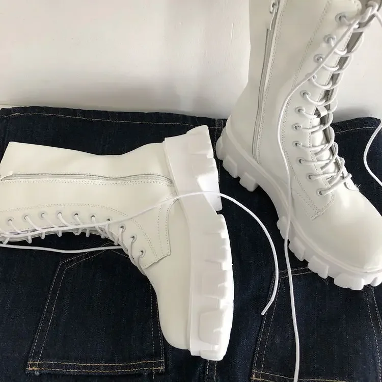 Women's Comfortable Solid Color Platform Boots, Fashion Lace Up Side Zipper Boots with Comfortable Design
