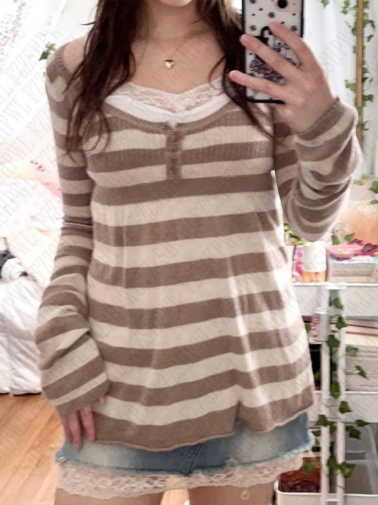 Striped casual pattern sweater cotton chic grunge punk Y2K top street high street rock aesthetic retro hop fashion women sweater 2