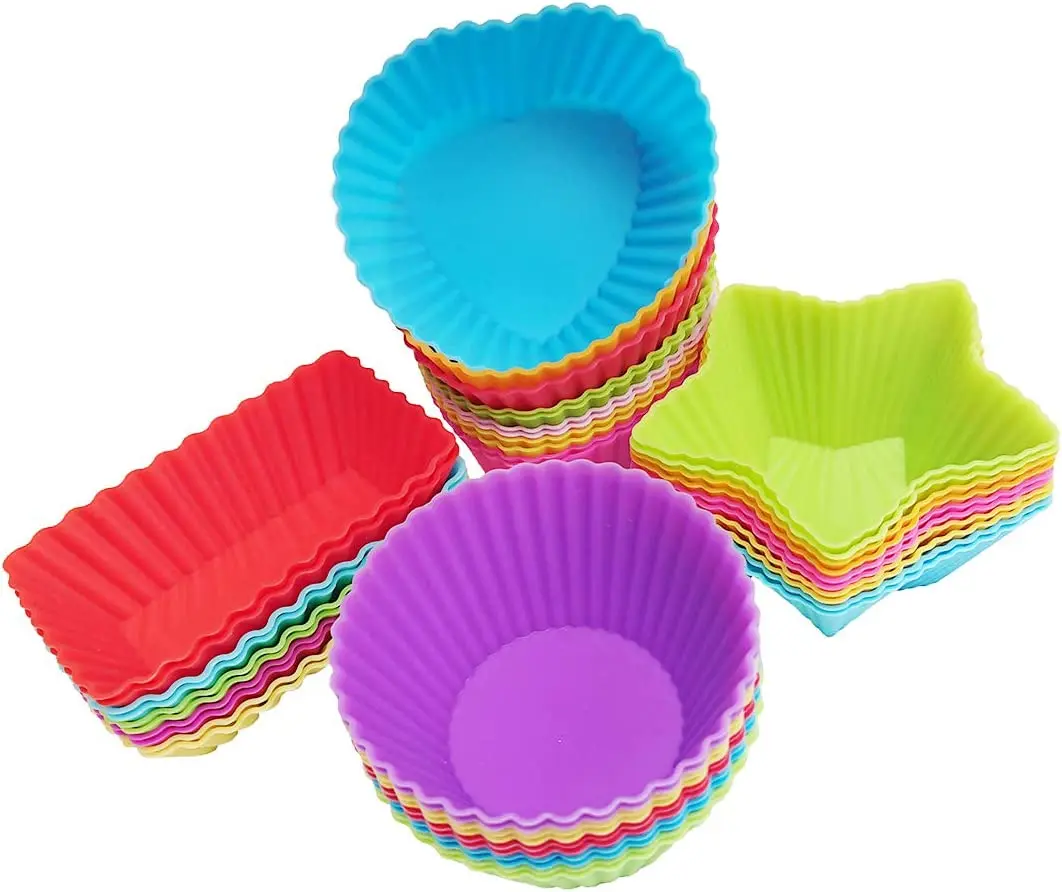 40pcs Silicone Cupcake Baking Cups Set Silicone Baking Cups for Baking, Including 8 Shapes Silicone Muffin Cups Cupcake Molds (Round, Square, Star