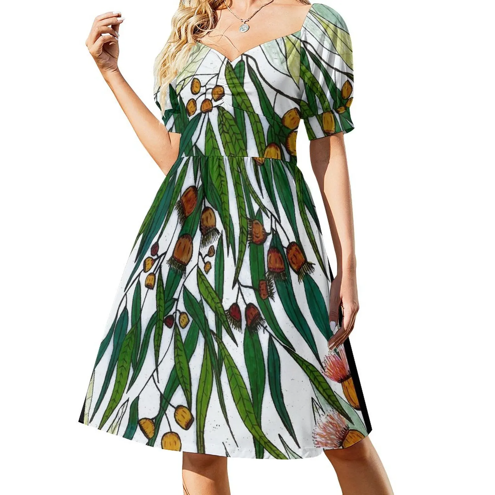 Vestido de manga corta de hojas de eucalipto (garlunga) Ropa femenina Vestidos elegantes para mujer Falda de verano