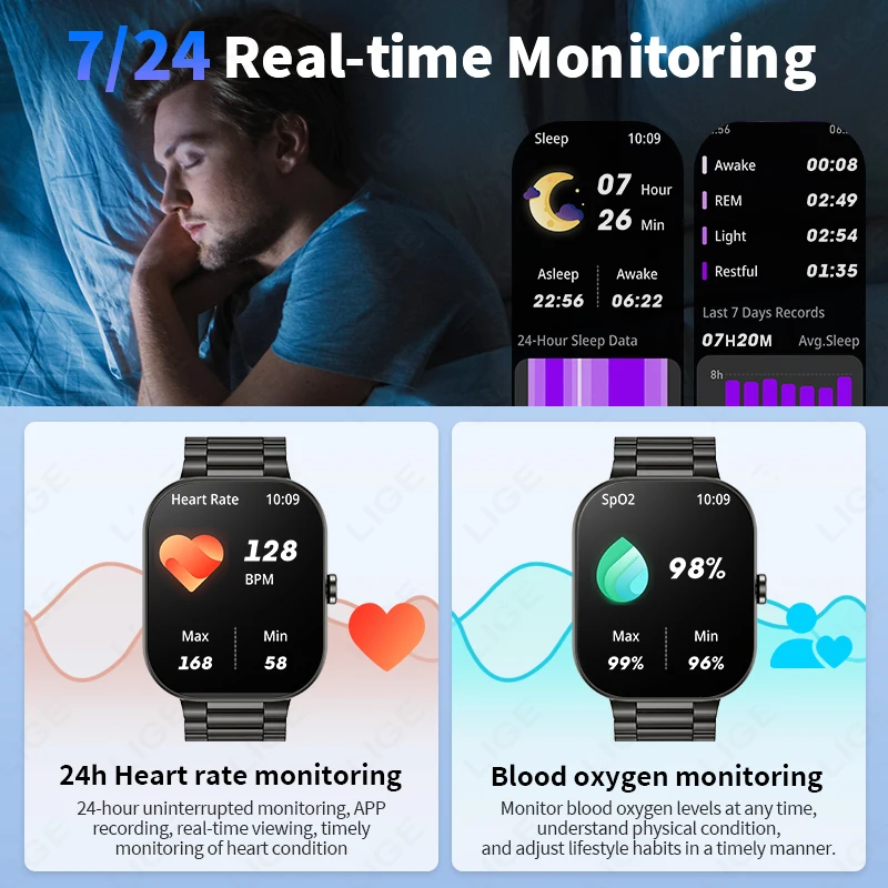 LIGE Men Smart Watch 2.01 inch Bluetooth Call Women Voice Assistant Heart Rate Monitor Sleep Tracker Smartwatch For Android IOS
