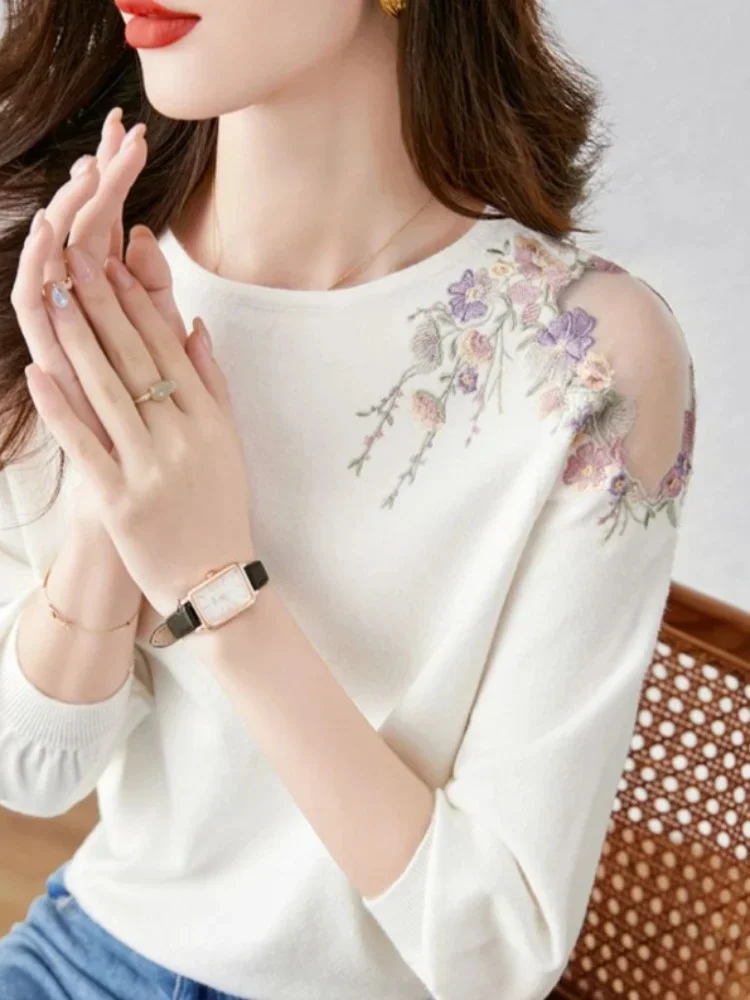 

Sweater Flower Hollow Out Knit Sweet Pullover Kawaii Women's Clothing Fashion Outifits Round Neck Long Sleeve Top 2023 Autumn