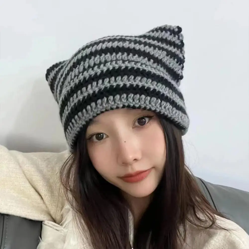 Trendy Little Devil Striped Knitted Cap For Womens Girls Autumn Winter Cute Devil Horn Cat Ear Slouchy Crochet Beanie Hat 2