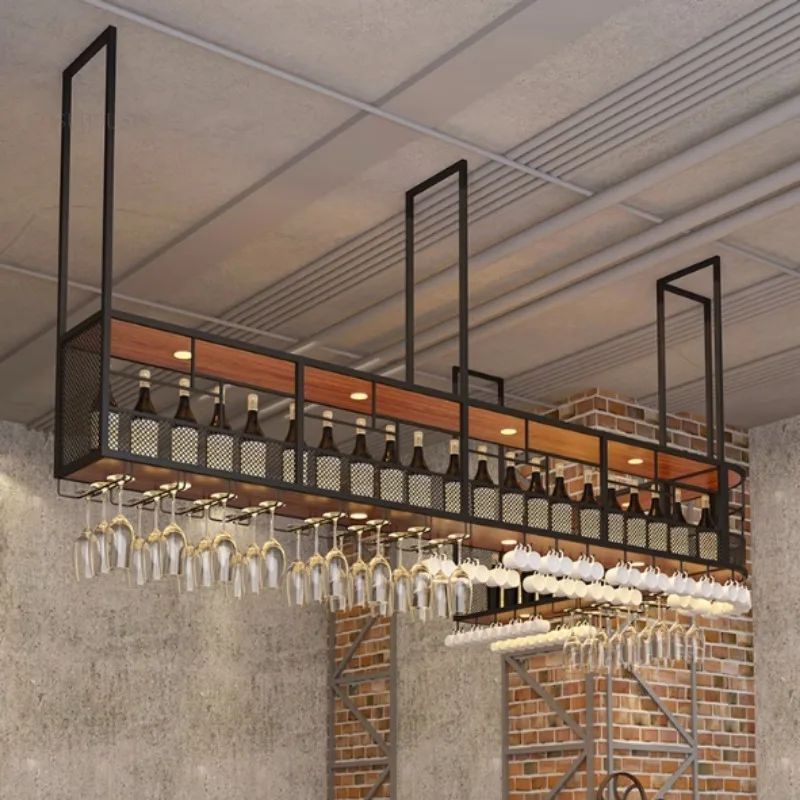 Modern Wrought Iron Wine Rack Display Cabinet with Light Bar Restaurant Minimalist Hanging Wine Cabinets Showcase Goblet Hanger