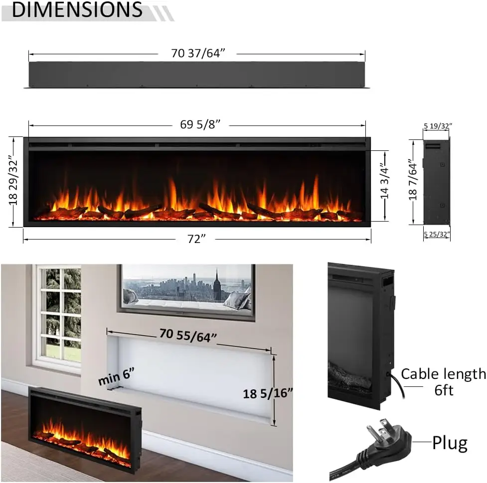 Austin in Wall Recessed & Wall Mounted Electric Fireplace (72") 5.78"D X 72"W X 18.91"H MULTI FLAME COMBINATIONS 6