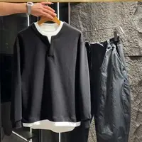 Spring Henry Collar Fake Two-Piece Long Sve T-irt Casual Contrast Color Blo Men's Faion Versatile Loose Fit American...