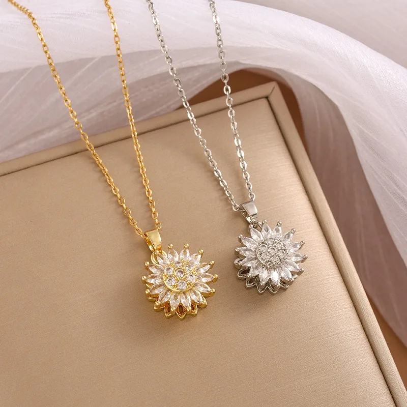 Double Layered Rotatable Sunflower Necklace Women's Collarbone chain Holiday Gift pendant necklace