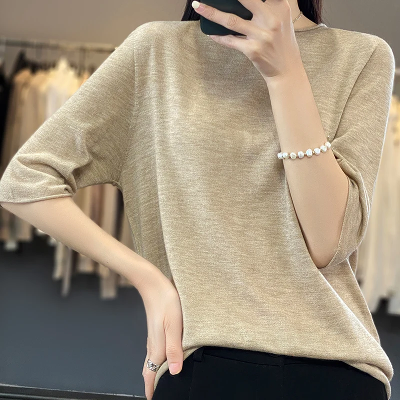 

2023 Spring and Summer New Worsted Women's Curled Round Neck Wool Knitted Sweater Loose Thin Half Sleeve Vest Sweater