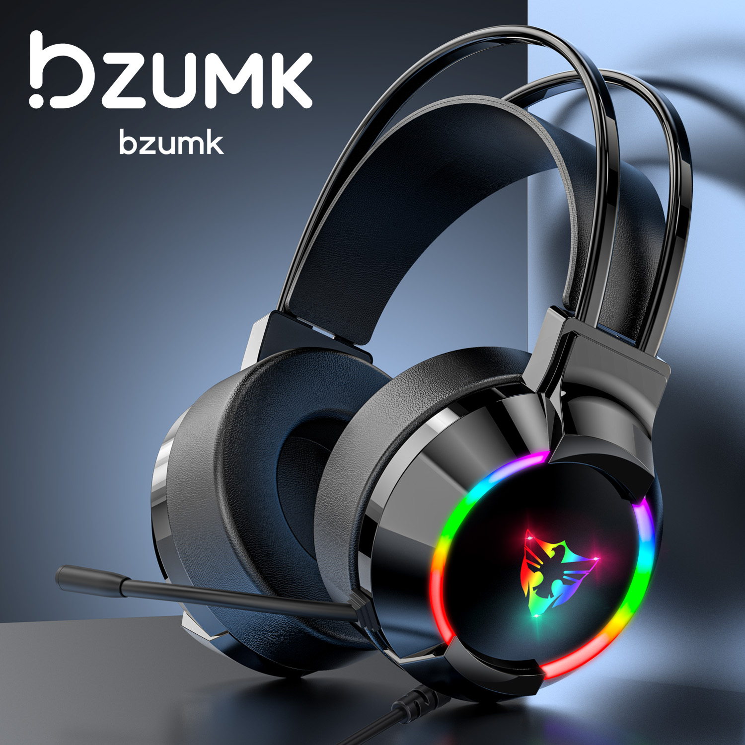  Bzumk with RGB Lights USB Headset Wired Gaming Headset with Microphone Large Ear Cups Listening Defense Headset 