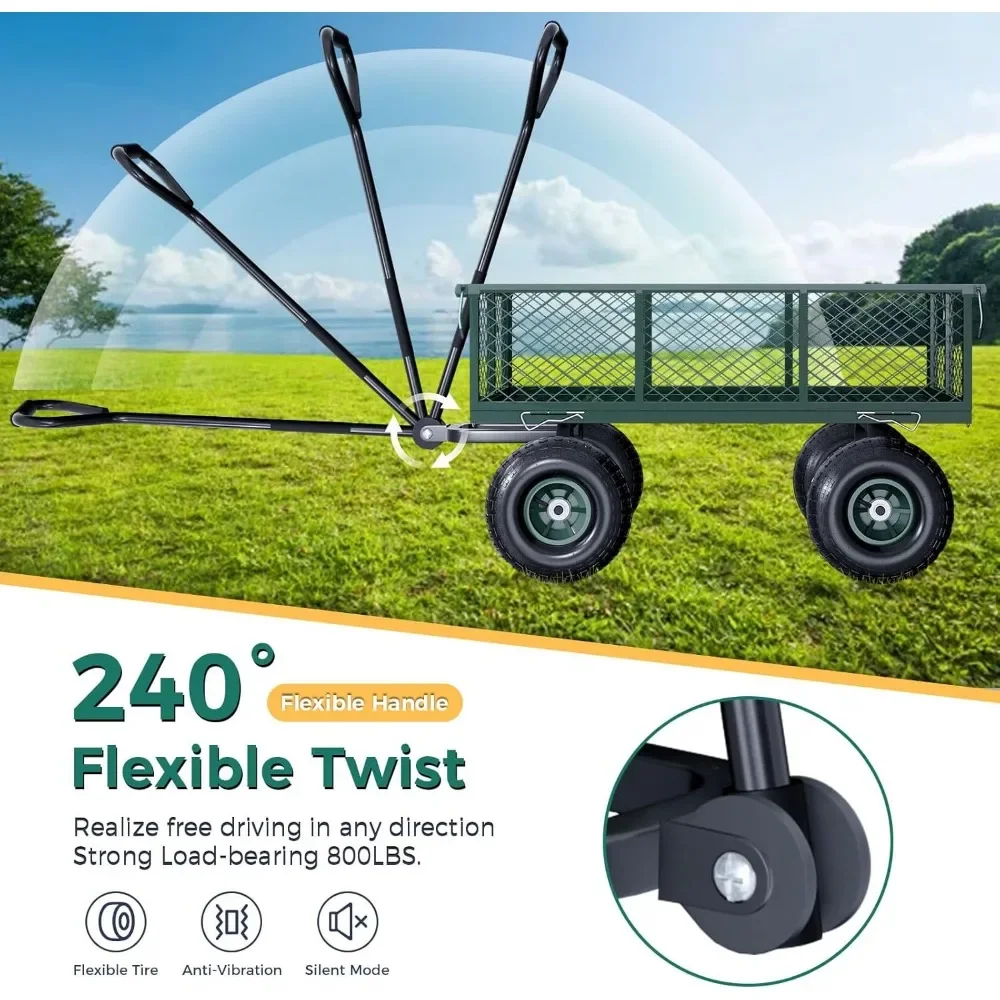 Steel Garden Cart, Heavy Duty 700 lbs Capacity, Utility Metal Wagon with 180&deg; Rotating Handle and 10" Tires, Wheelbarrow