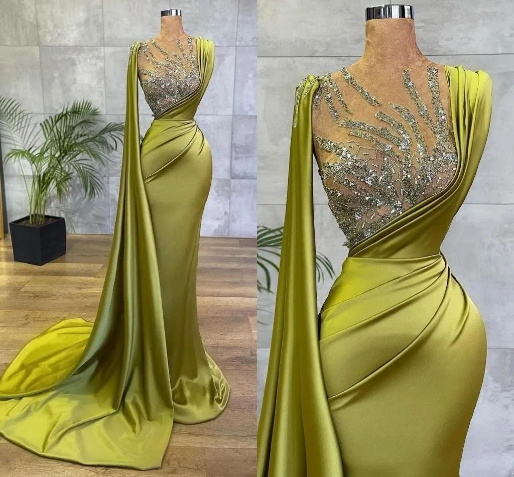 

Arabic Lemon Green Satin Mermaid Evening Dresses Sheer Mesh Top Sequin Beads Ruched Formal Occasion Wear Sheer Neck Sweep Train