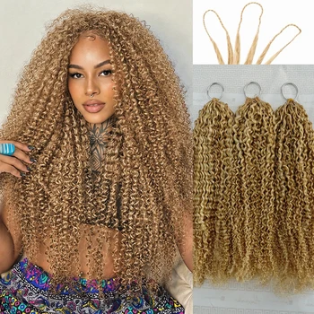 Extensioni di capelli umani ricci biondo miele con piume, invisibili, con nodi miracolosi pre-separati, per donna