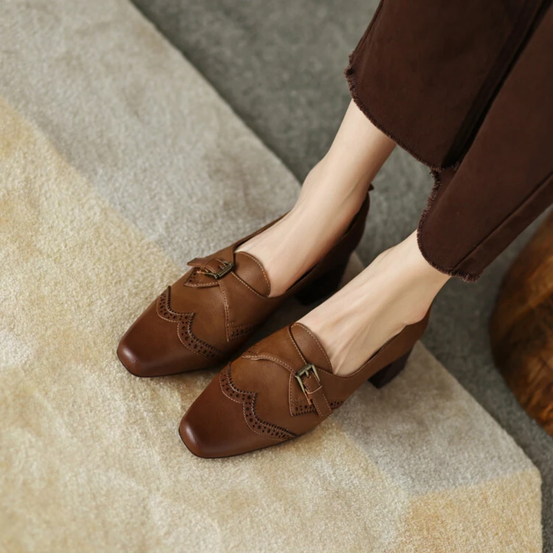 

2023 Spring Women Loafers Split Leather Shoes Square Toe Square Heel Women Shoes Casual Buckle Mid-heel Pumps Women Oxford Shoes