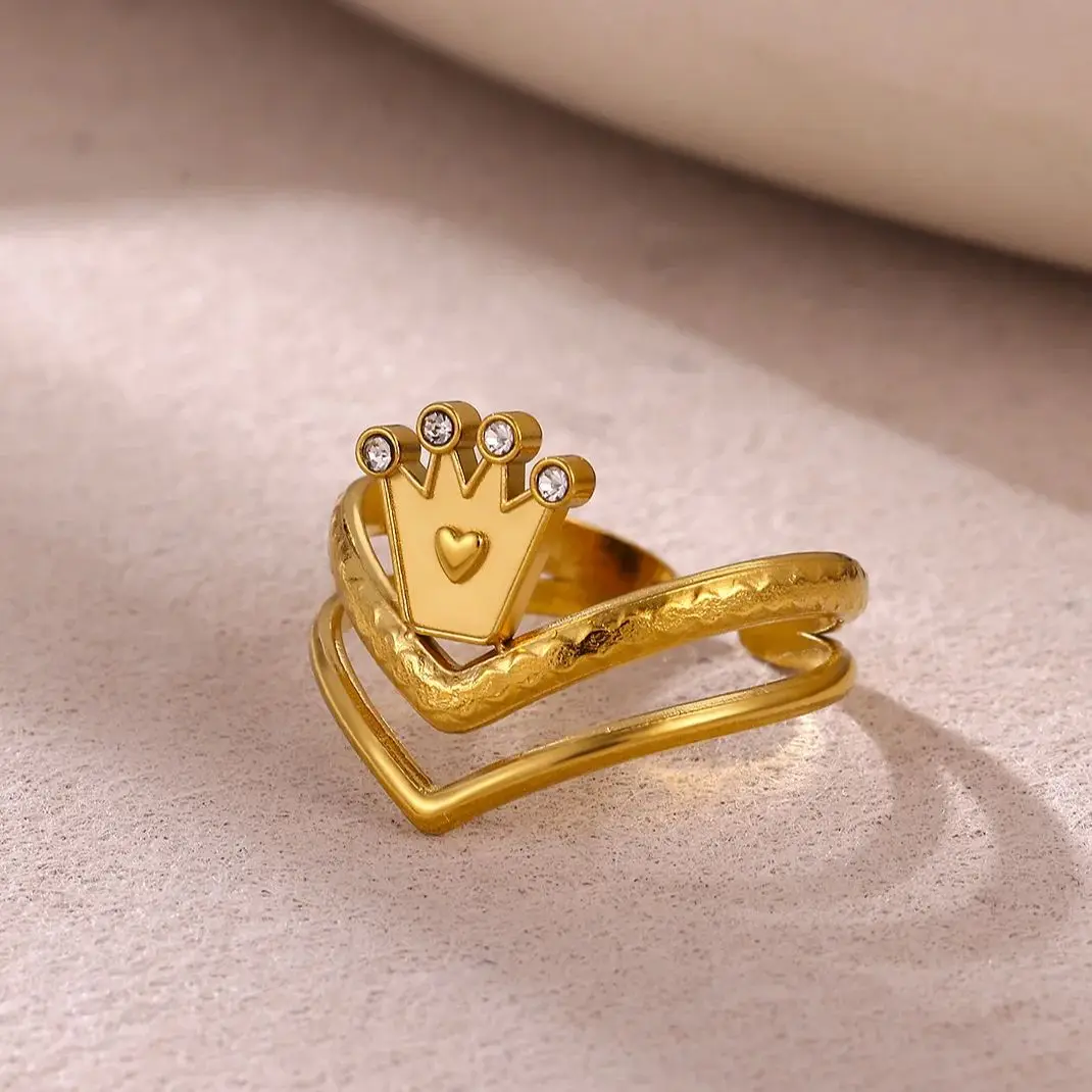 Elegant Zircon Crown Rings Gold Color Stainless Steel Adjustable