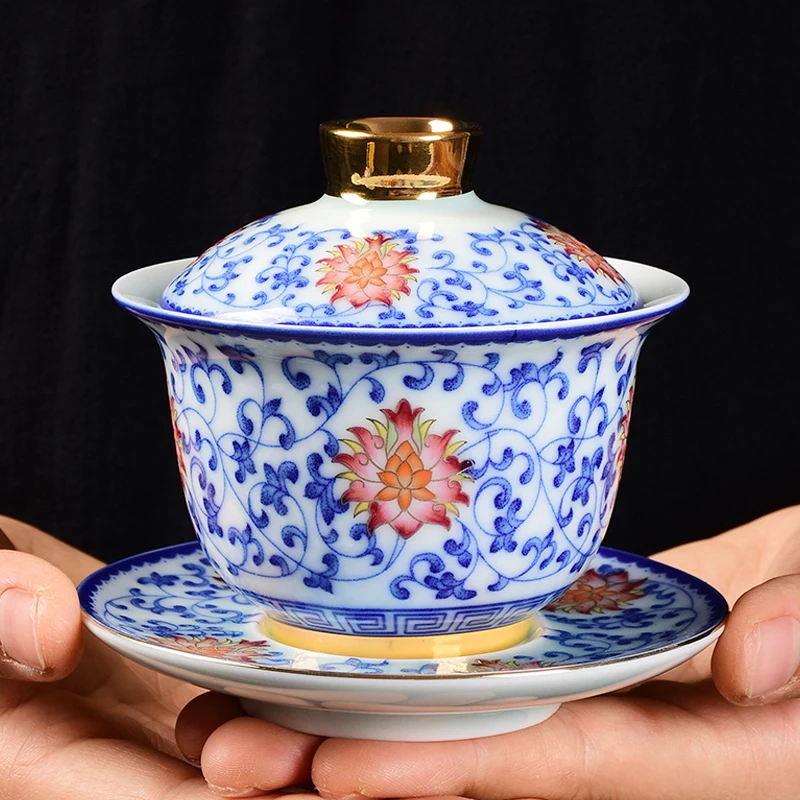 

150ml Chinese Traditional Tea Tureen Enamel Color Blue and White Gaiwan Ceramic Tea Bowl Kung Fu Tea Set Accessories Master Cup