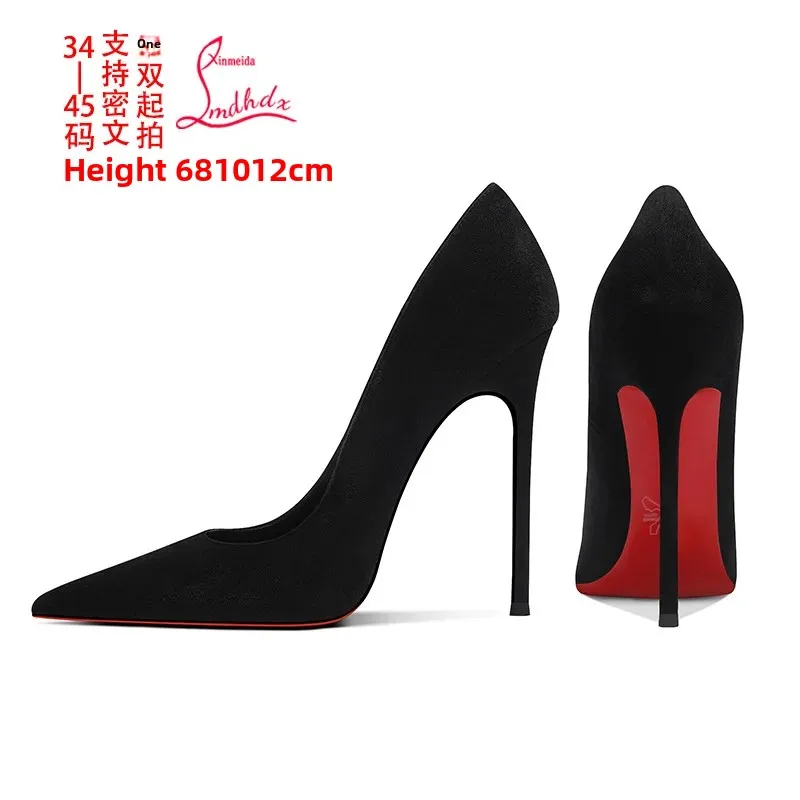 Black High Heels Ultra Thin Stiletto Pumps Red Sole Stage Hosting Summer Fashion Show Shoes Pointed Toe Velvet Business Women's