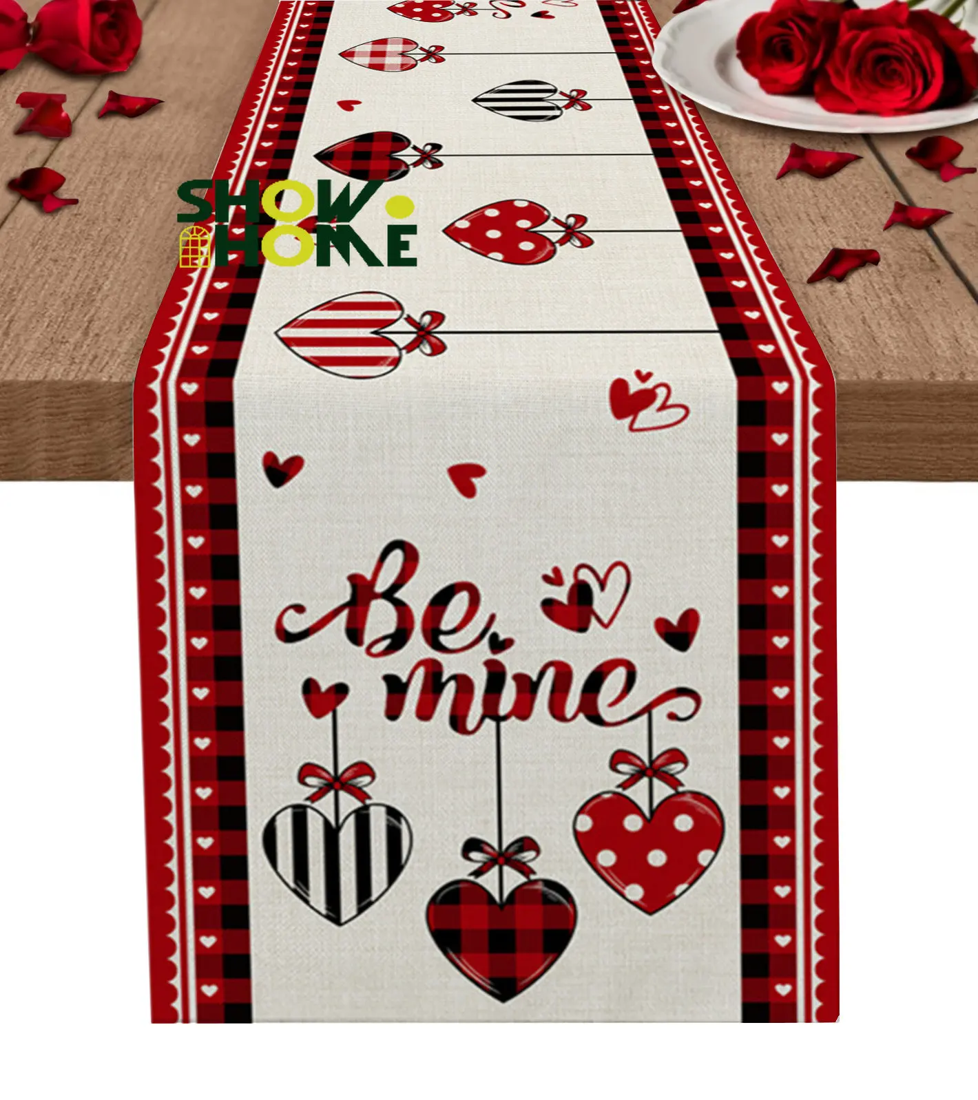 

Сердца на День святого Валентина, красная черная клетчатая настольная дорожка, Свадебный кофейный столик, праздничный кухонный обеденный стол, Настольная дорожка s